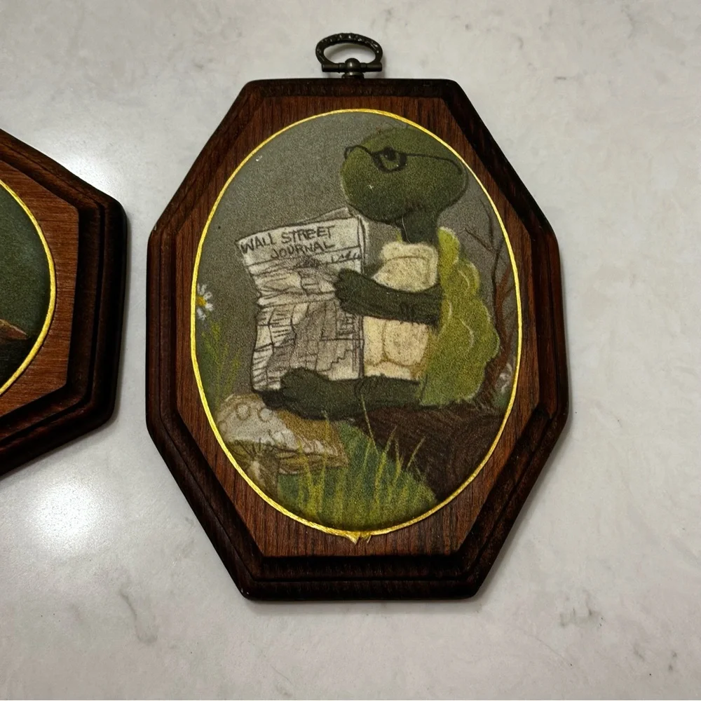 Vintage Wood Plaque Pig Turtle Set Of 2 70s Farmhouse Whimsical